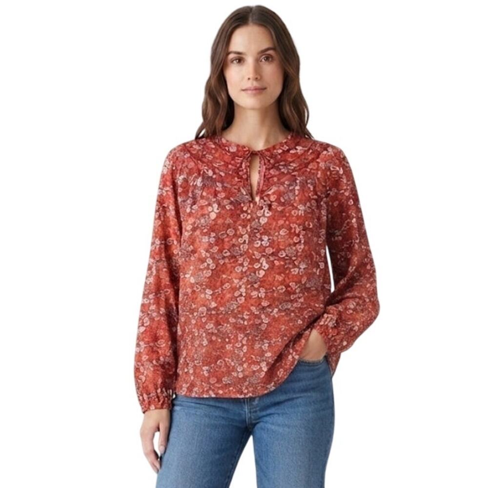 Universal Thread Floral Top Blouse Lightweight Terracotta Cream Cotton Medium